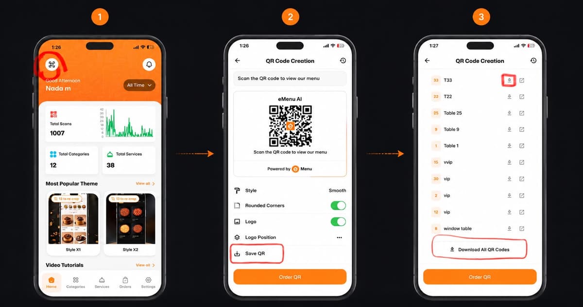 كيفية إنشاء وتنزيل رموز الاستجابة السريعة (QR) على eMenu AI