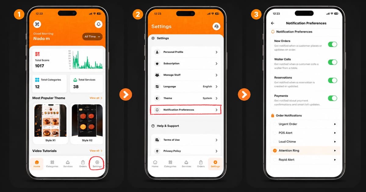 كيفية تخصيص إعدادات الإشعارات في تطبيق eMenu AI