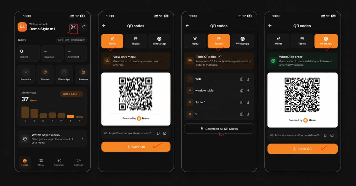 كيفية الوصول إلى رموز QR الخاصة بك وتنزيلها على eMenu AI